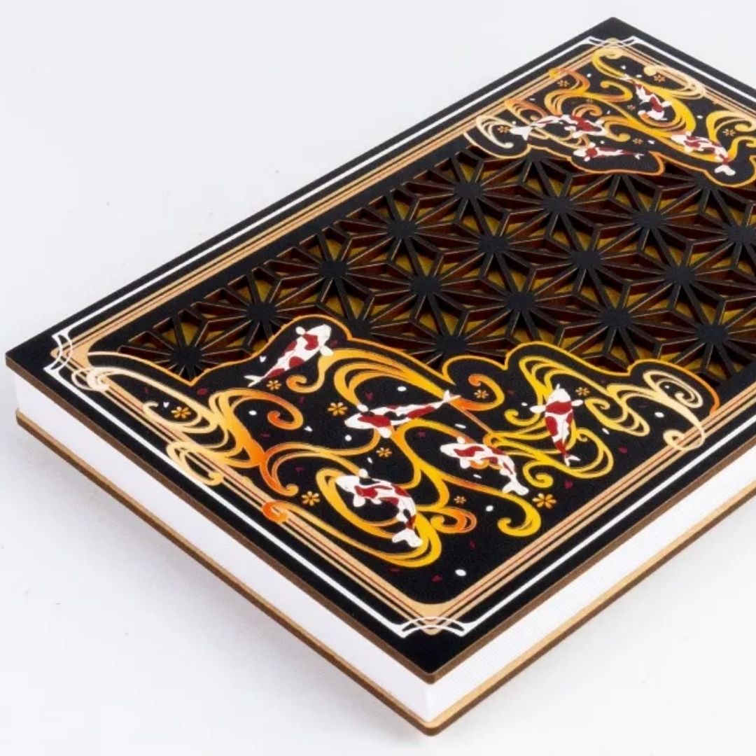 Wooden Cutout Goshuin Art Book – Koi in Gold Flow