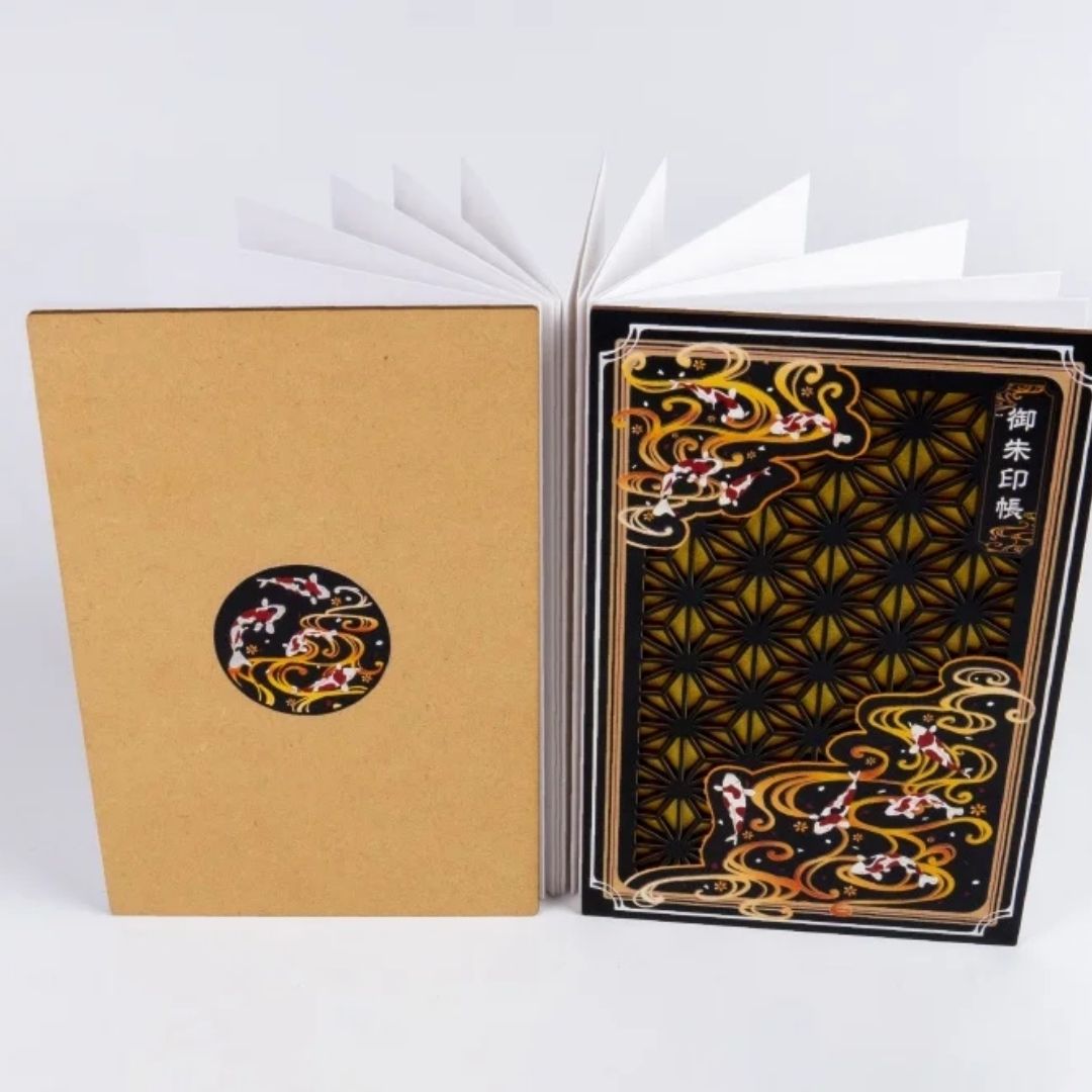 Wooden Cutout Goshuin Art Book – Koi in Gold Flow