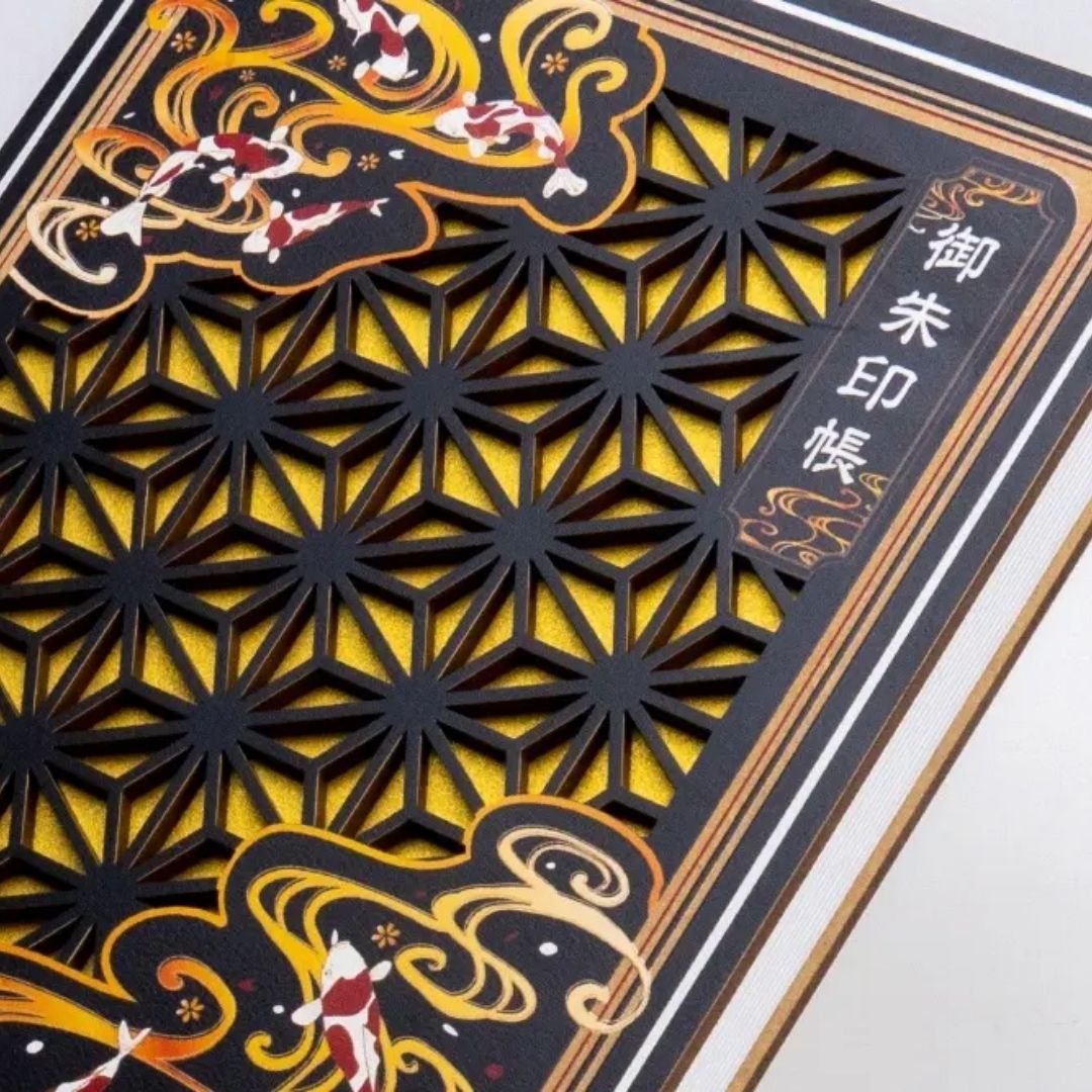 Wooden Cutout Goshuin Art Book – Koi in Gold Flow